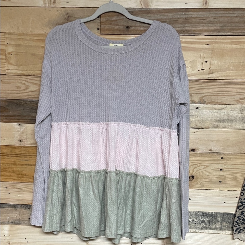 Kori size L Long Sleeve Color-block Soft Waffle Knit Top in Purple, Pink & Tan